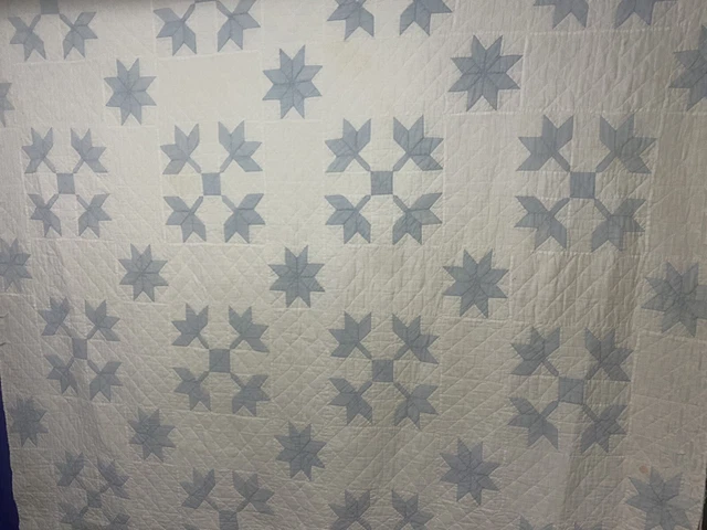 Blue White Vintage Quilt 8 Pointed Whirling Star Tulip Handmade Patchwork