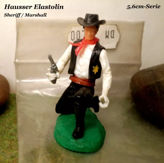 Original Hausser Elastolin 5,6cm Steckfigur Sheriff hockend mit Revolver NEU/OVP