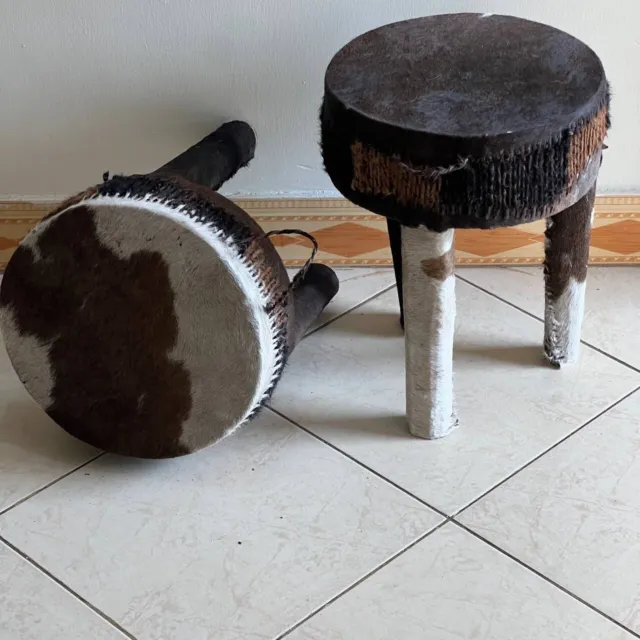 Two Cowhide Drum Coffee Stools From Tanzania