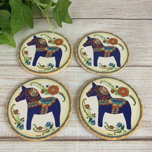 Blue Swedish Style Dala Horse Dalahäst Coaster Set / 4 Beverage Beer Coffee Tea