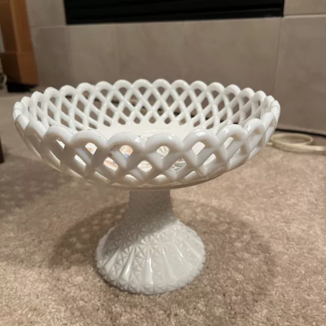 C.1890 Challinor Taylor Milk Glass Pedestal Open Lattice Fruit Bowl Compote