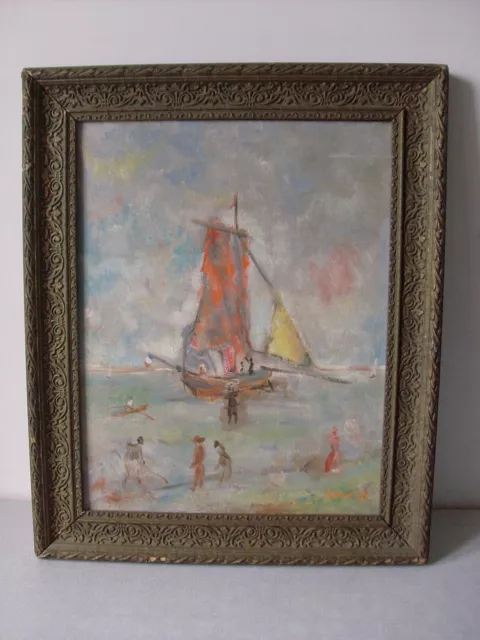 Peinture tableau toile voilier français bord de mer signé JP Gilbert 69 de 51 cm