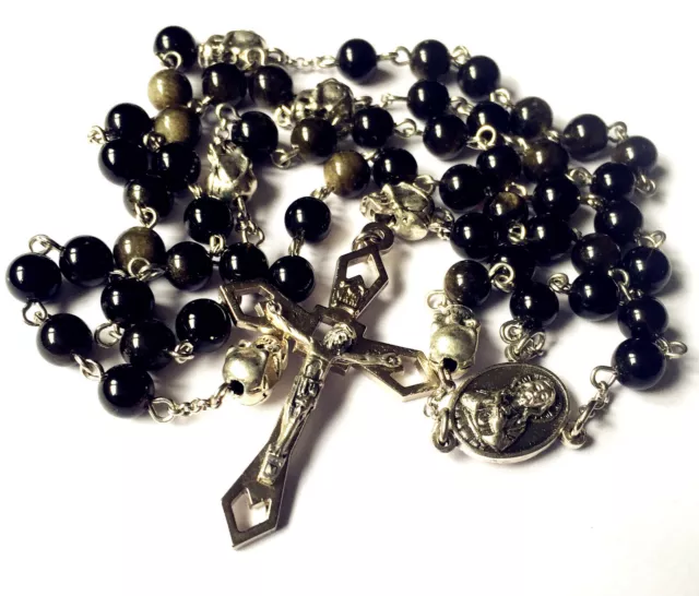 Black Obsidian PRAYER BEADS SILVER SKULL CATHOLIC ROSARY CROSS CRUCIFIX NECKLACE