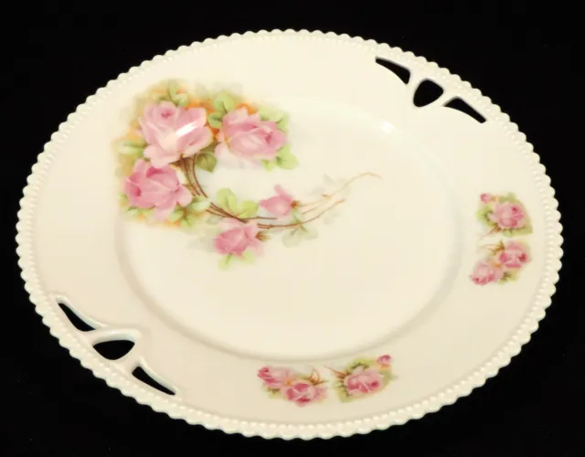 P.K Selesia open handle serving plate pink roses  beaded scalloped trim Germany