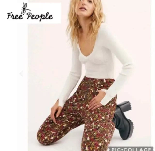 We The Free People Sun Chaser FALL Floral Corduroy Pants Trousers Button Fly 28