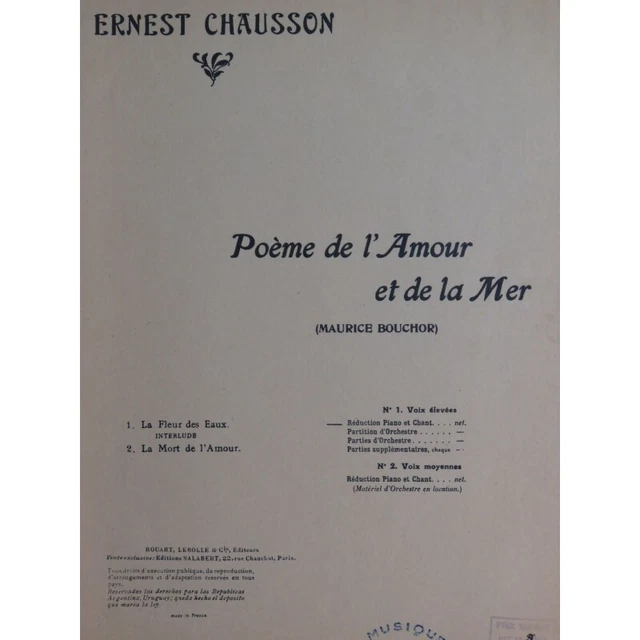 CHAUSSON Ernest Poème de l'Amour et de la Mer Chant Piano 1948