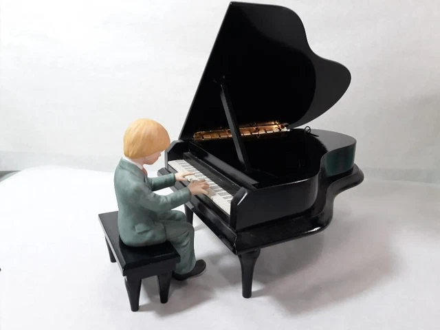 Vtg 1982 ENESCO "RECITAL" WOOD PIANO W/ STOOL Male Boy FIGURINE MUSIC BOX