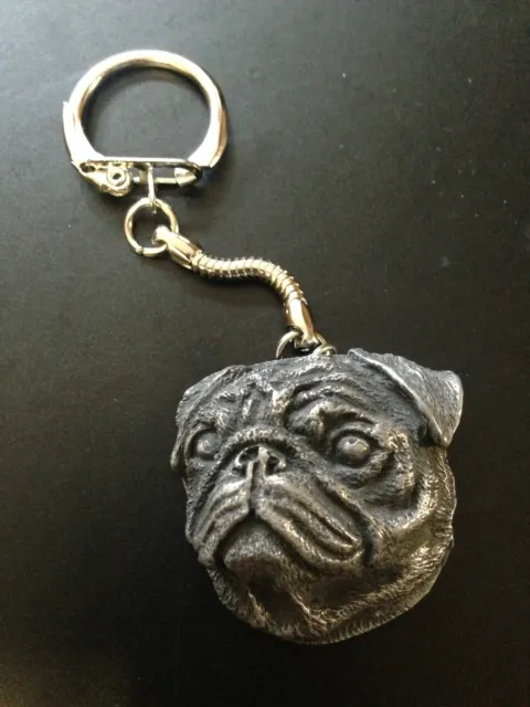 Pug Head Dog Pewter Effect Animal 3D Emblem on a Snake Keyring