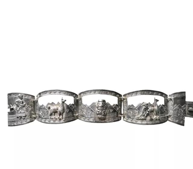Vintage Sterling Silver Peru Hand-chased Storyteller Panel Bracelet Signed JFM