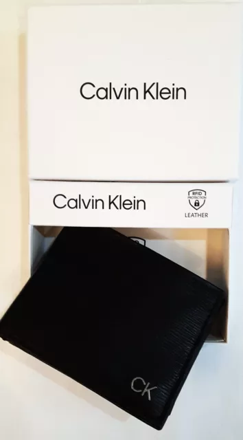 Calvin Klein Mens Black Leather Bifold Wallet RFID. NEW with tag and giftbox.