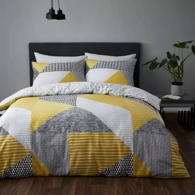 Catherine Lansfield Larsson Geo Ochre Duvet Covers Grey Quilt Cover Bedding Sets