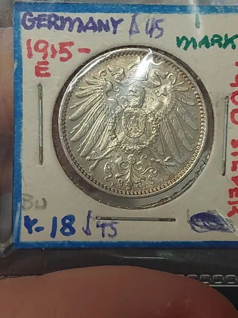 1915 E German Empire One Mark Silver Germany Coin Bu