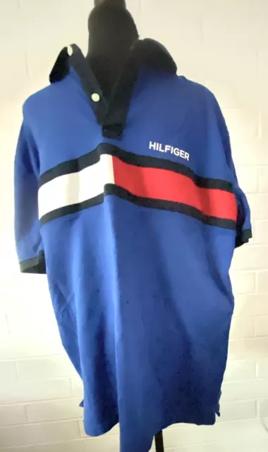 Tommy Hilfiger Shirt Men's XL Polo Navy Blue Vintage W/Red/Wht/Blue Stripe. Used