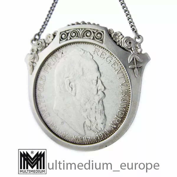 Jugendstil Charivari Silber Anhänger Prinz Luitpold Bayern Münze Mark