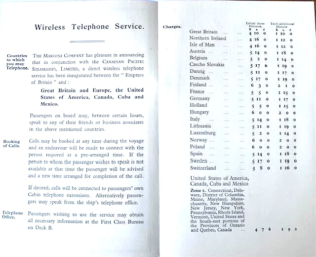 MARCONI INTERNATIONAL MARINE TELEPHONE FROM SHIP CANADIAN PACIFIC 1920/