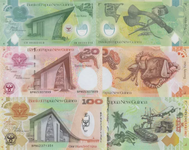 Papua New Guinea 3 PCS Banknote Set: 2, 20 & 100 Kina (2008) - p35, p36, p37 UNC