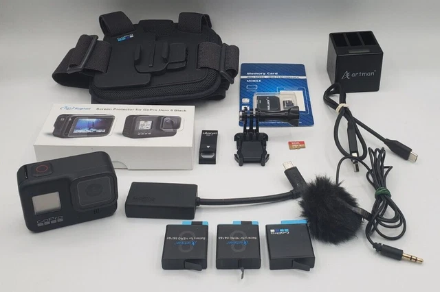 Paquete de videocámaras de acción GoPro HERO 8 negras 4K - muchos accesorios - funciona probado