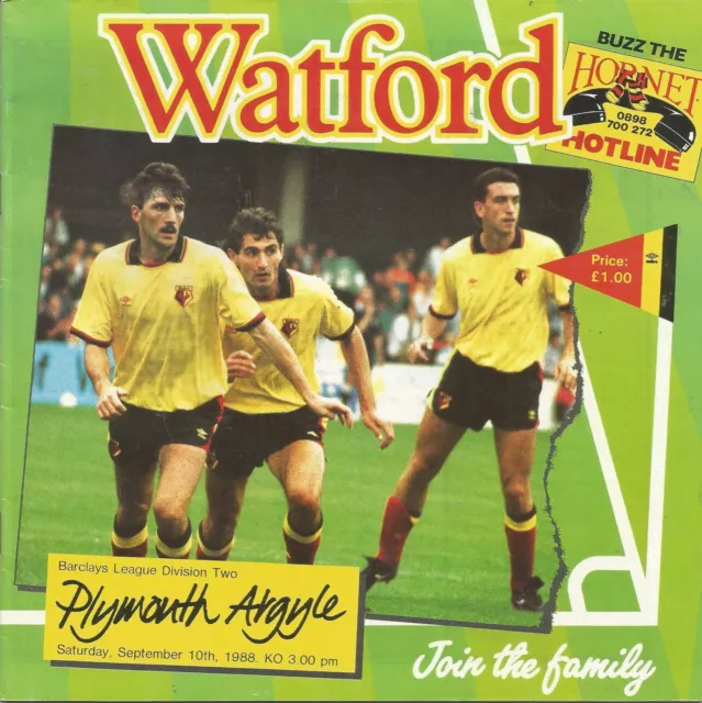 Football Programme - Watford v Plymouth Argyle - Div 2 - 10/9/1988