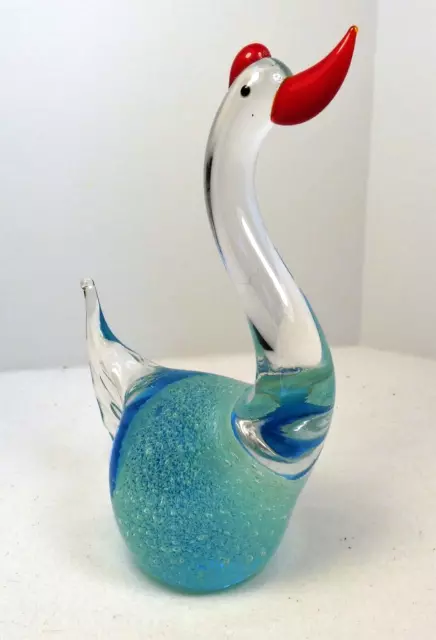 Art Glass Goose Swan Bird Paperweight Figurine Blue Clear Red