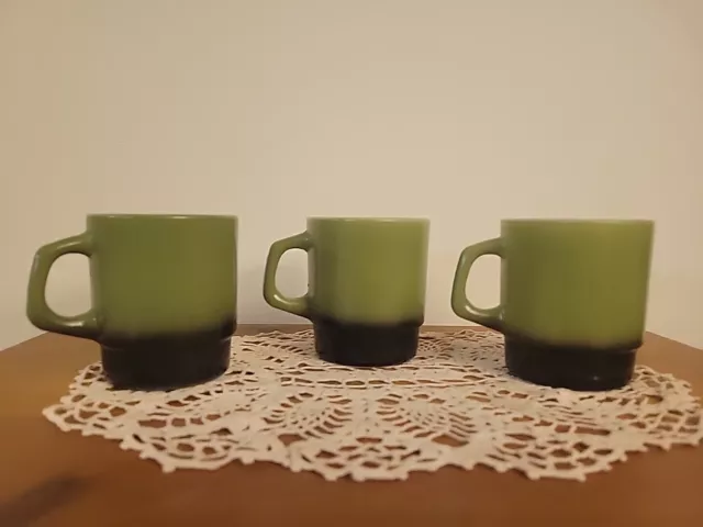 3 Fire King Anchor Hocking Two Tone Olive Green Black Coffee Tea Stackable Mugs