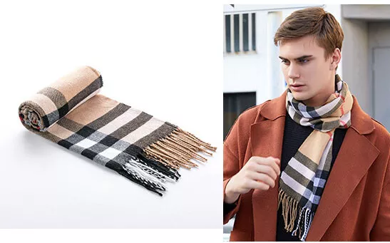 Men Ladies Women Unisex Classic Checked Tartan Print Plain Beige Tassel Scarf UK 3