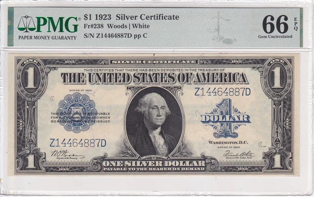 1923 Silver Certificate Fr. #238 PMG 66 EPQ Gem Unc.  Woods-White Sigs.