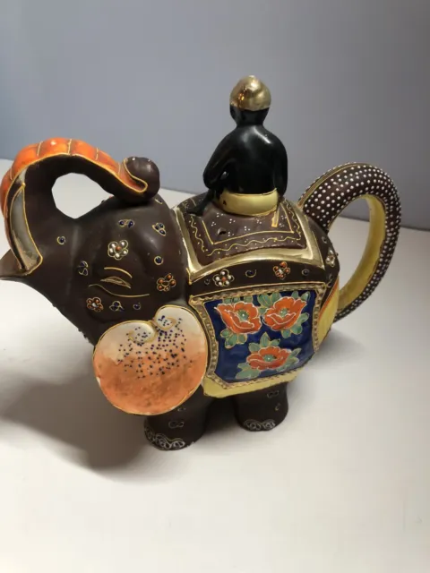 RARE C1920's Japanese  Satsuma Hand Painted Elephant Tea Pot With  Driver 2