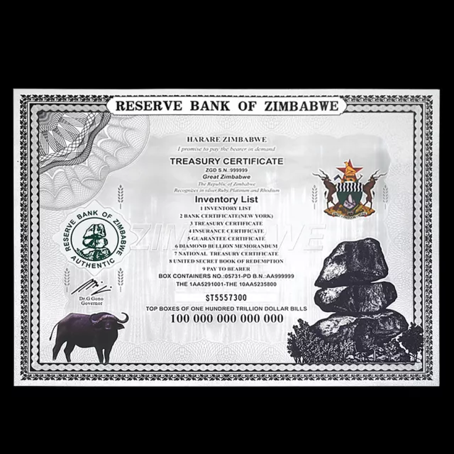 Zimbabwe / Simbabwe Silver Banknote One Hundred Trillion Dollar Bills