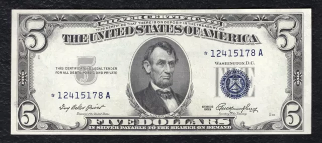 Fr. 1655* 1953 $5 Five Dollars *Star* Silver Certificate About Uncirculated (B)