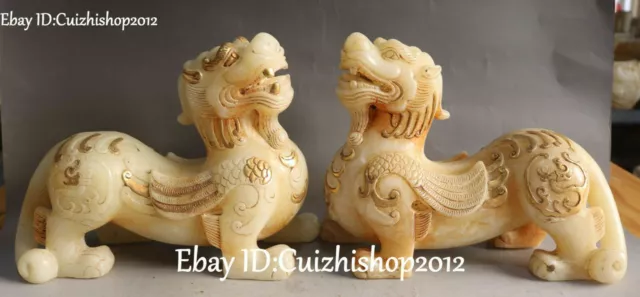 9" collect China Old Jade Gilt Dragon PiXiu Phylactery Beast Animal Statues Pair