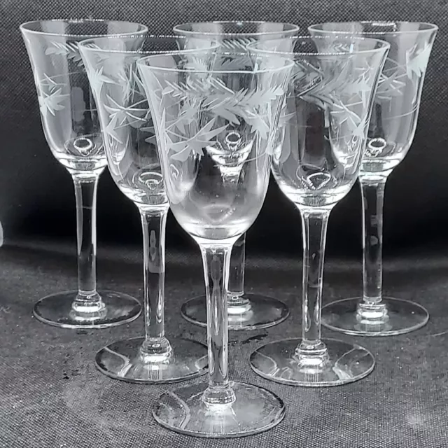 6 Louie Weston Etched Crystal Wine Glasses 5 3/4” Vintage WGL79