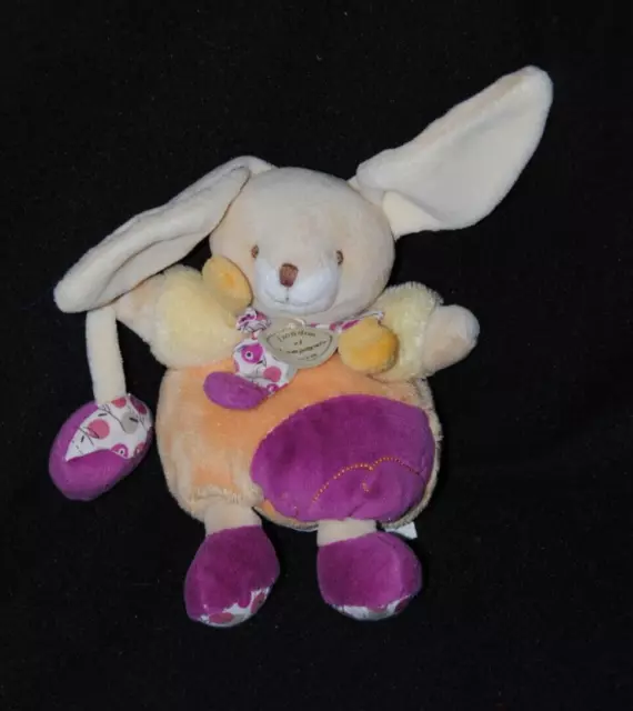 Peluche lapin boule DOUDOU ET COMPAGNIE orange violet jaune grelot 14/20 cm TTBE