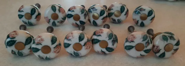 Set of 12 Vintage Porcelain Ceramic Drawer Knob Pulls Floral Cottage Shabby Chic