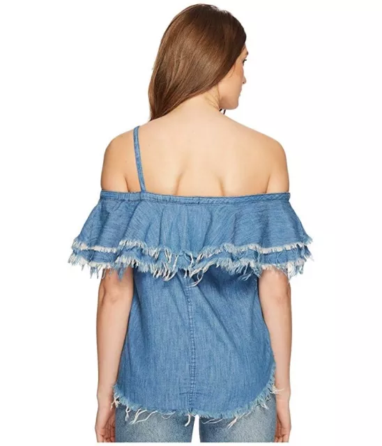 Blank NYC Asymmetric Raw Edge Ruffle Denim Shirt in Making Waves Sz. M 152927 2