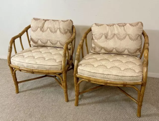 Pair Rattan Chairs By Henredon