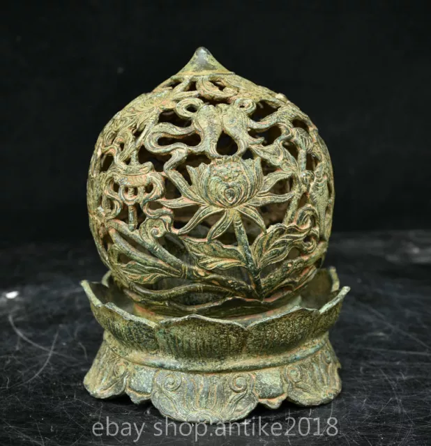 7.2 " China Bronze Ware Dynasty eight treasures Lotu Flower Hollow Out Censer