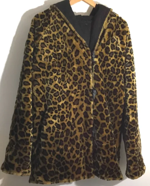 Vintage 90s Leopard Cheetah Print Faux Fur Size Large Hooded Reversible Coat