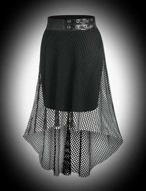 New Gothic Black Buckle Studded Mini with Fishnet Layer Skirt size 4XL 24 26 28
