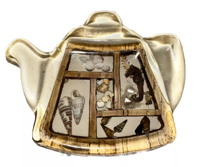 Spoon Rest Tea Bag Holder Acrylic Lucite Teapot Seashells Seahorse Kitchen Vtg
