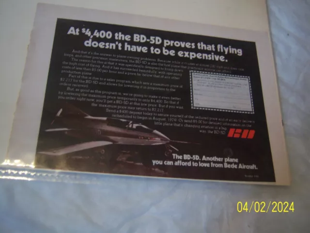 BD-5D Aircraft Bede Plane Magazine Clipping Print Ad 1970's