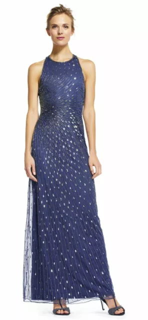 $349 Adrianna Papell Navy Blue Silver Starburst Beaded Backless Gown 8 NEW A996