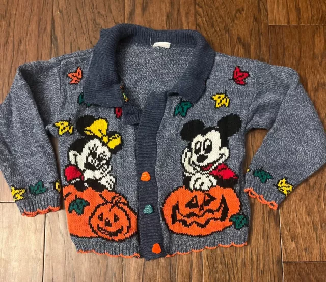 Vintage Mickey Minnie Disney Kids Cardigan Sweater Fall Pumpkins Size 4/5 Blue