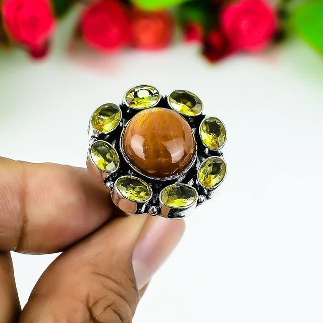 Tiger Eye, Citrine Gemstone 925 Sterling Silver Jewelry Ring Size 8.5 m385