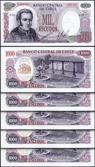 Chile 1000 Pesos 1967 1976, UNC, 5 Pcs LOT, Consecutive, P-146, Seria A25