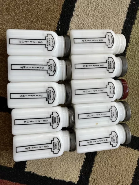 Vintage Griffith's Milk Glass Spice Jars Bottles Set Of 10 Vintage Griffith's Milk Glass Spice Jars Bottles Set Of 10