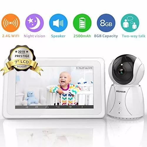 BIGASUO Upgrade Baby Monitor, Video Monitor 7" baby monitor set, White