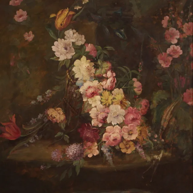Bodegon flores pintura oleo sobre masonite estilo antiguo cuadro del siglo XX.
