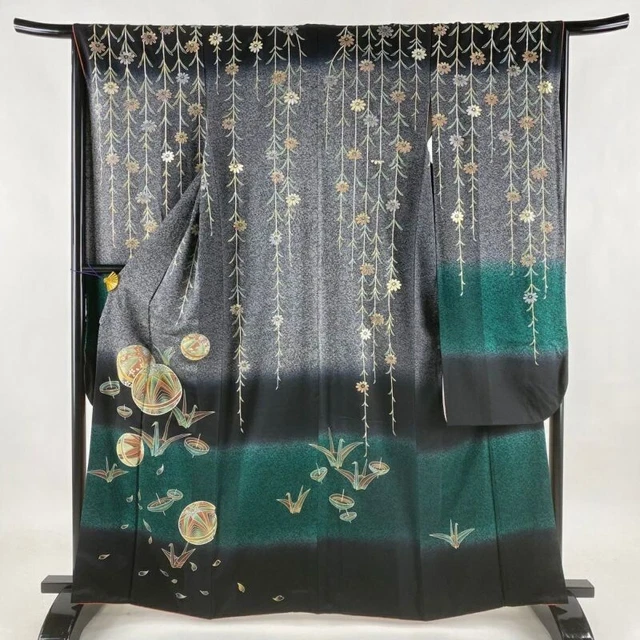 Woman Japanese Kimono Furisode Silk Temari Orizuru Crane Gold Foil Black Ash