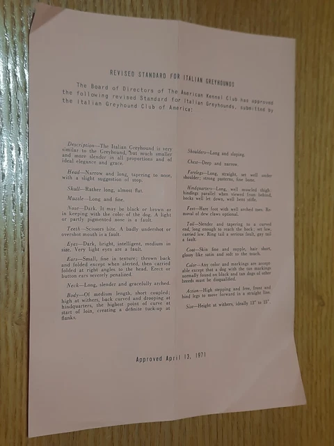 AKC Revised Breed Standard for Italian Greyhounds April 13, 1971