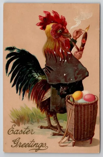 Easter Greetings Dressed Rooster Smoking Pipe Cigar Postcard S23